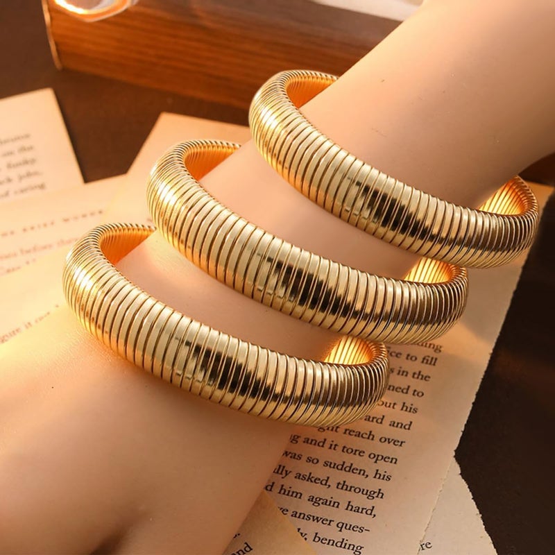 JUNYANGY Gold Bangles for Women Set of 3 Chunky Stretch Bangles Bracelets 24K Gold Plated Stainless Steel Bracelets Flexible Wide Stack Bracelets Designer Look Alike Jewelry for Women - Image 3